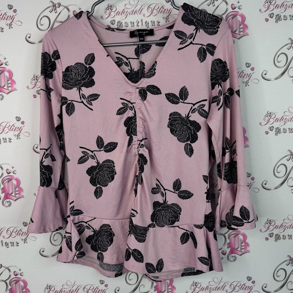 Lily Morgan top flowers ruffle peplum Floral V-Neck Top - Pink and Black